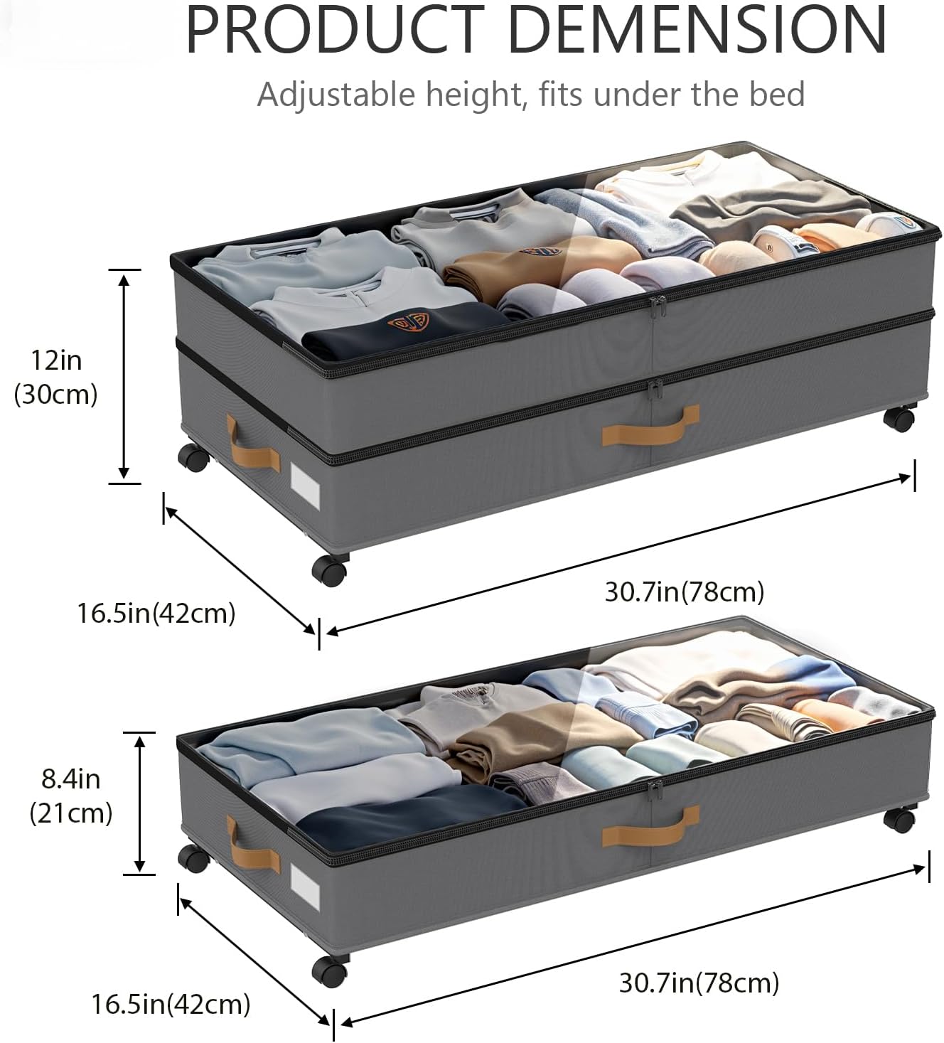 Under Bed Storage with Wheels 2-Pack, 75L XXL Under the Bed Storage Containers Large, 12" Tall Adjustable Storage for Underbed with Lids, Rolling for Clothes, Shoes, Blankets (Black)