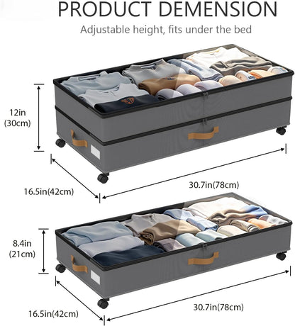 Under Bed Storage with Wheels 2-Pack, 75L XXL Under the Bed Storage Containers Large, 12" Tall Adjustable Storage for Underbed with Lids, Rolling for Clothes, Shoes, Blankets (Black)
