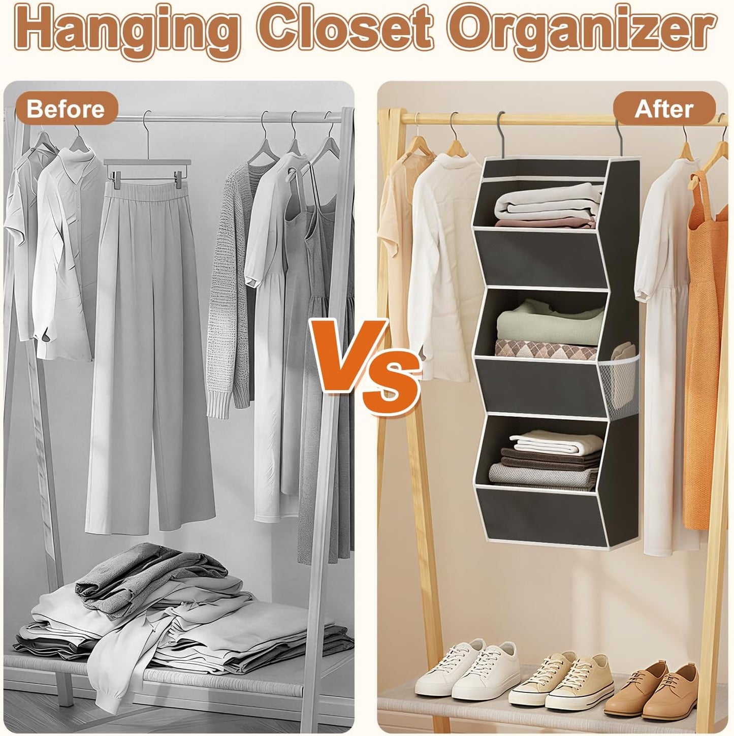 Hanging Closet Organizer 4 Shelf Collapsible Bedroom Closet Organizers and Storage Hanging with Mesh Pockets for Clothes, Fabric Hanging Storage Bins for Wardrobe Closet Organization and Storage, Grey
