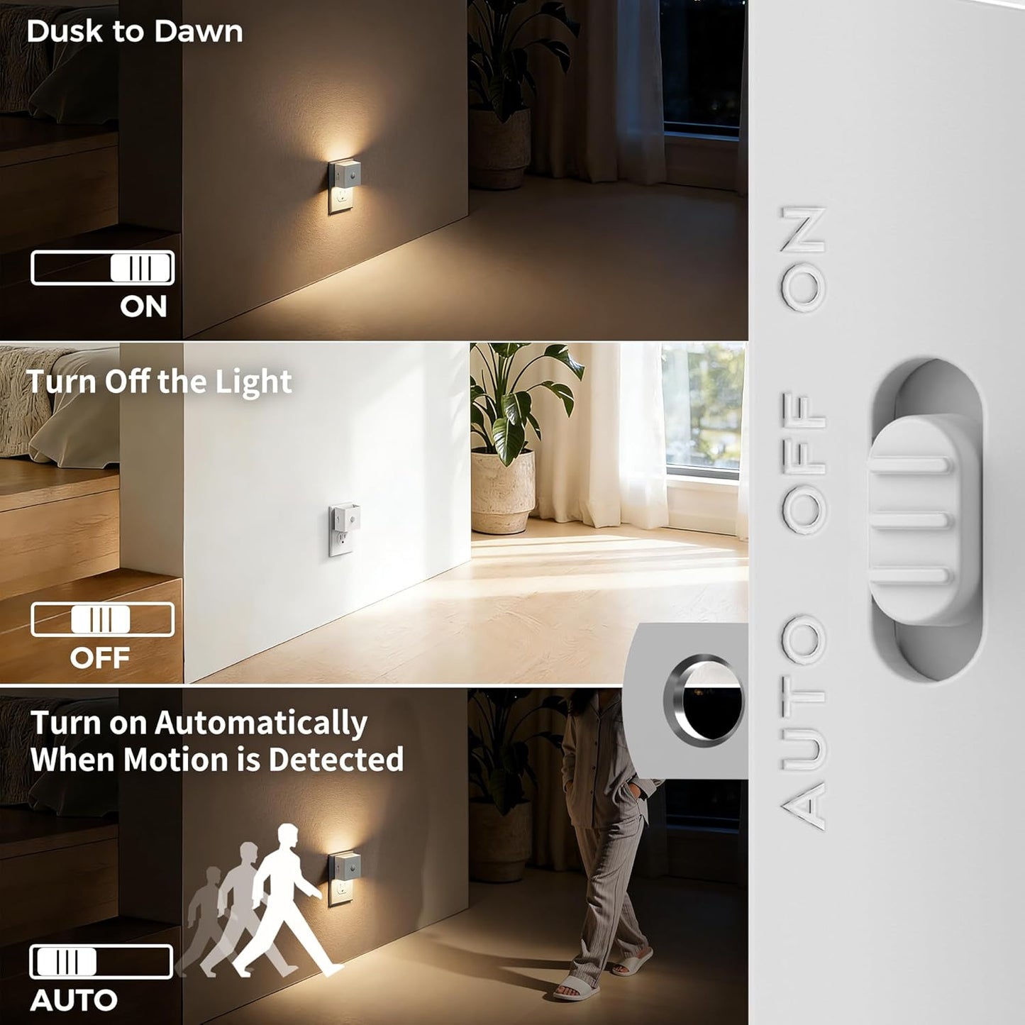 DORESshop LED Motion Sensor Night Light [2 Pack], Plug in Night Light, Dusk to Dawn Night Light Motion Sensor, 3 Level Brightness Adjustable Night Lights for Adults, Bedroom, Bathroom, Hallway, 3000K