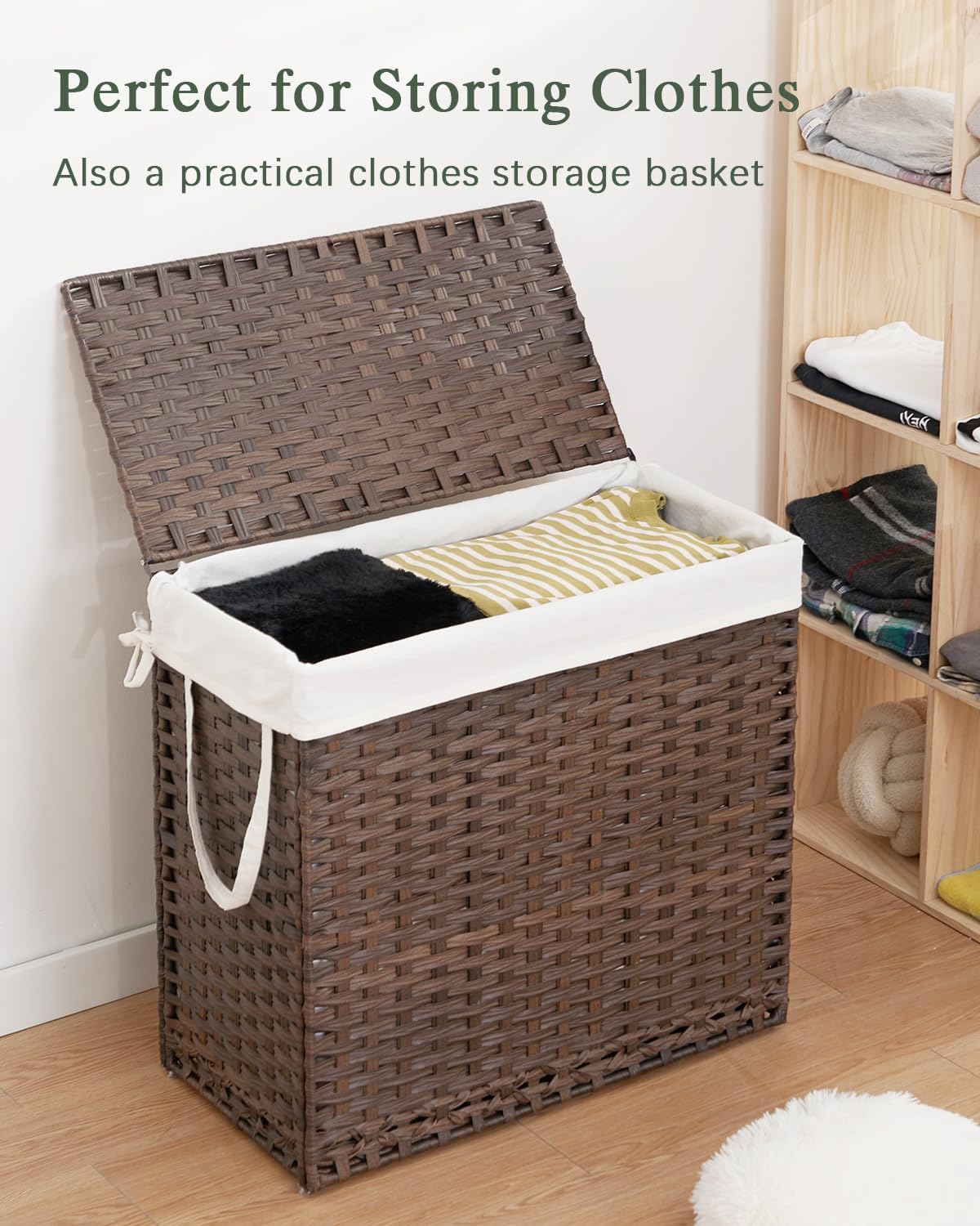 SETVSON Laundry Hamper with Lid Laundry Basket 132 L (35 Gal) Wicker Clothes Hamper, Handwoven Rattan Hamper with Handles and 4 Removable Liner Bags, 6 Mesh Bags for Laundry Bedroom Natural
