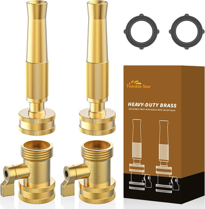 Twinkle Star Heavy-Duty Brass Adjustable Twist Hose Nozzle, 2 Pcs | 3/4” GHT Brass Garden Hose Nozzle, Adjustable Water Flow