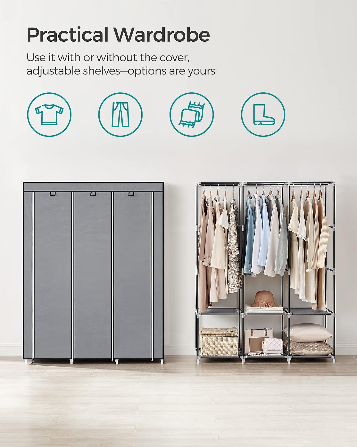 SONGMICS Portable Closet, Wardrobe Closet Organizer with Cover, 3 Hanging Rods and Shelves, 4 Side Pockets, 51.2 x 17.7 x 65.7 Inches, Large Capacity for Bedroom, Living Room, Ink Black URYG092B02
