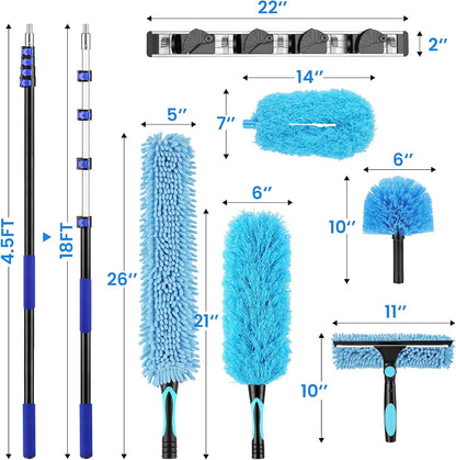 20ft High Reach Extendable Duster Kit with 5-12ft Extension Pole - Ceiling Fan Blade Cleaner, Spider Web Brush Cobweb Remover, Window Squeegee Kit with Telescoping Wand, Extended Extra Long Handle