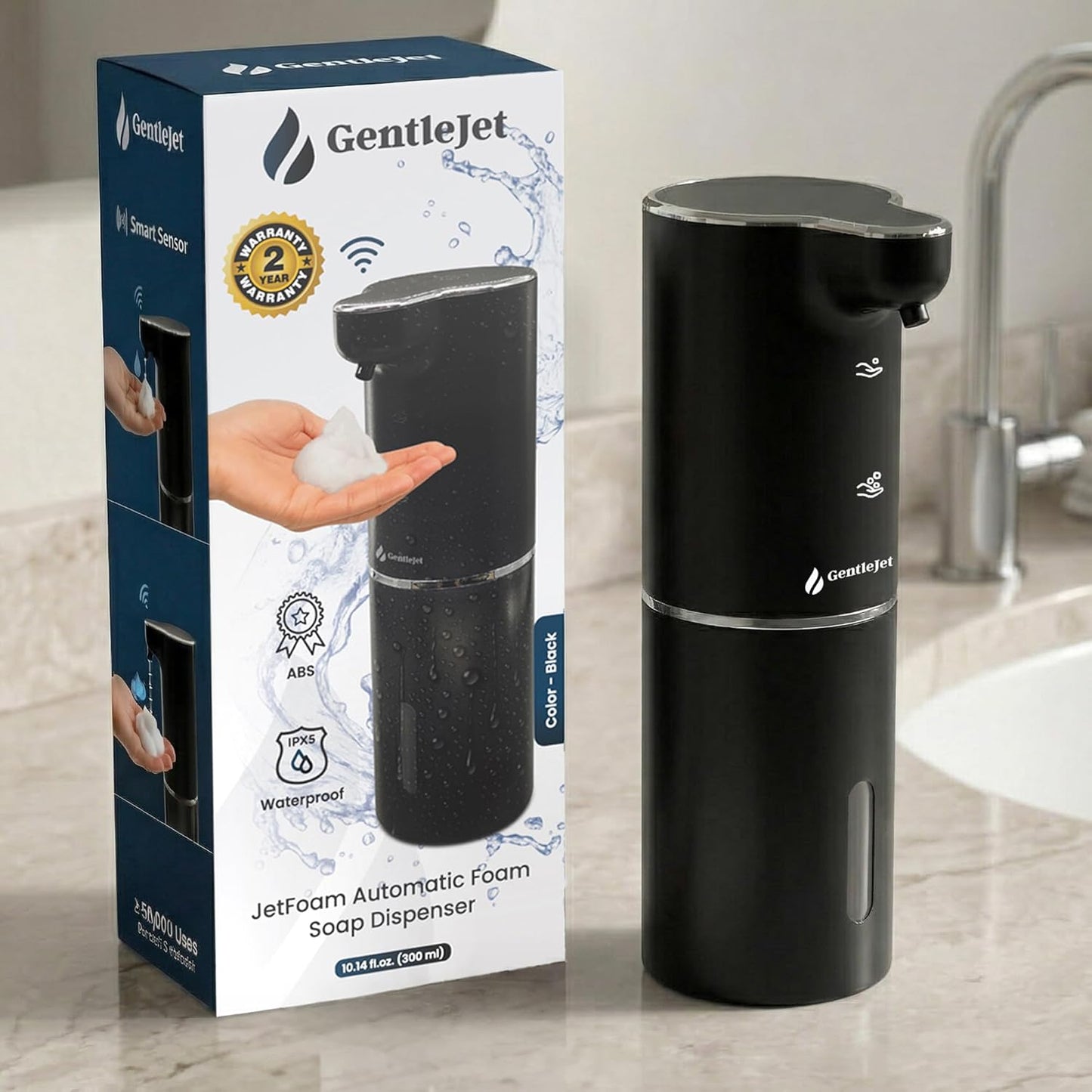 GentleJet JetFoam Automatic Foam Soap Dispenser – Touchless Sensor, USB-C Rechargeable, Adjustable Output, IPX5 Waterproof, 300 ml, Bathroom & Kitchen Countertop