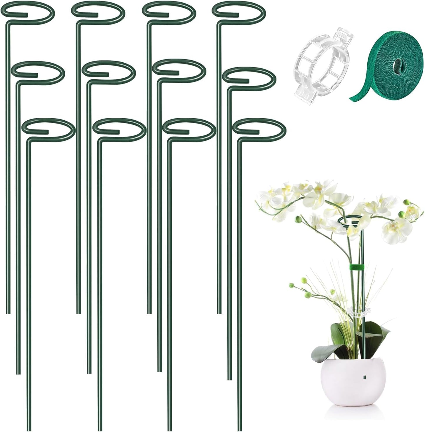 MAFONE 12 Pack 16inch Metal Plant Support Stakes for Tomato Orchid Lily | Plant Stick for Garden Single Stem Flower Support Stake with 20pcs Clips and Plant Ties