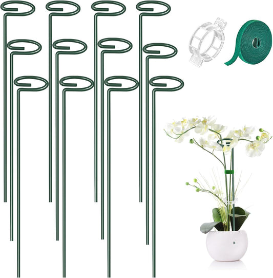 MAFONE 12 Pack 16inch Metal Plant Support Stakes for Tomato Orchid Lily | Plant Stick for Garden Single Stem Flower Support Stake with 20pcs Clips and Plant Ties