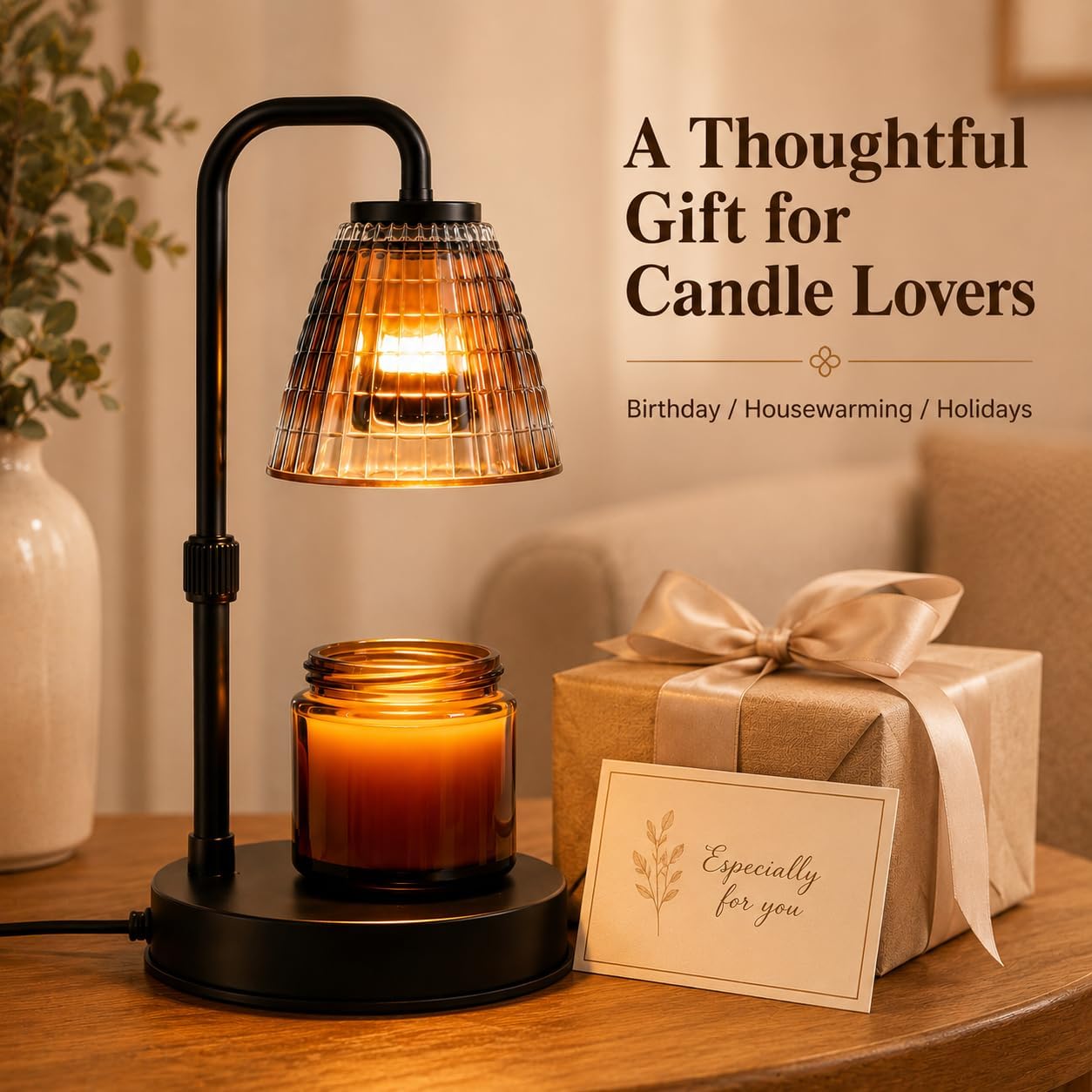 Candle Warmer Lamp with Timer, Dimmer, Vintage Glass Shade | Adjustable height, 2/4/8-hour timer, wood base, 2 bulbs included
