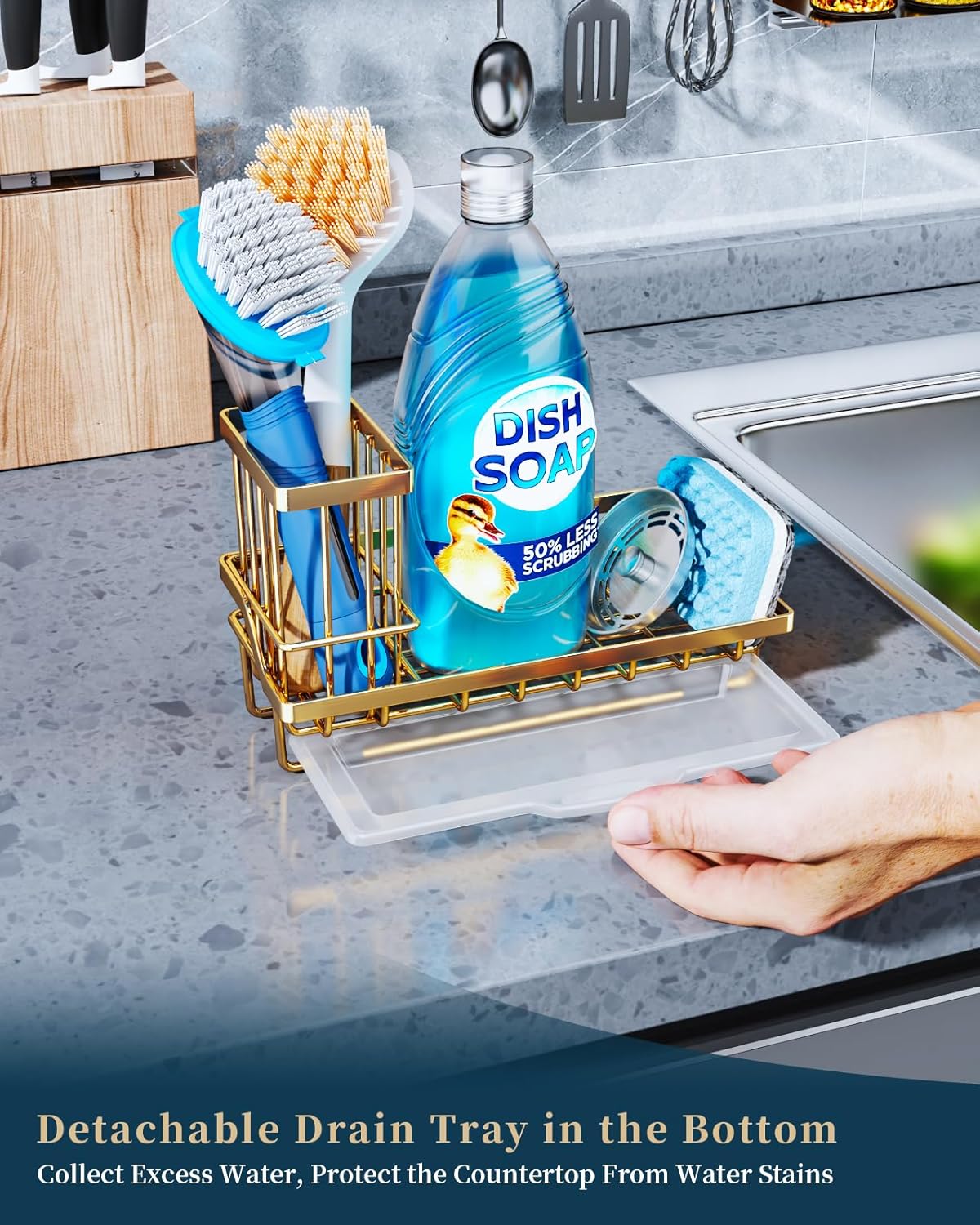Consumest Sponge Holder for Kitchen Sink - Kitchen Sink Caddy Organizer with Removable Drip Tray for Countertop Dish Soap Dispenser Brush Storage Accessories 304 Stainless Steel - Black
