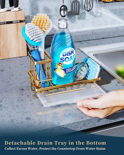 Consumest Sponge Holder for Kitchen Sink - Kitchen Sink Caddy Organizer with Removable Drip Tray for Countertop Dish Soap Dispenser Brush Storage Accessories 304 Stainless Steel - Black