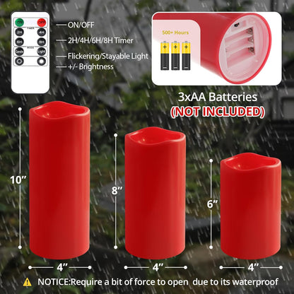 NURADA Large Waterproof Flameless Candles 6" 8" 10" x 4" - Outdoor Indoor LED Pillar Flickering Candle Battery Operated with Timer Remote for Patio Porch Lanterns - Ivory White Set of 3