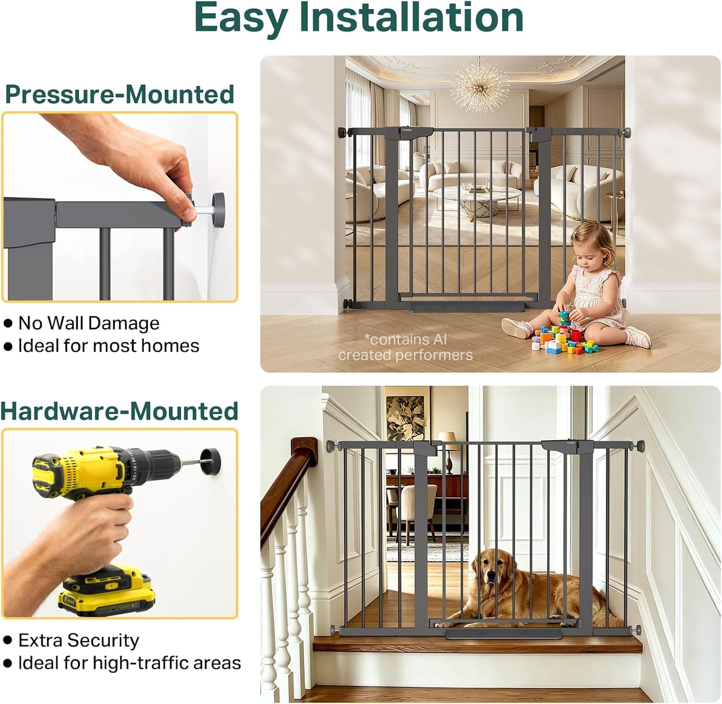 Cumbor 29.7-48" Baby Gate for Stairs, Mom's Choice Awards Winner-Dog Gate for Doorways, Auto Close Safety Pet Gate for Dogs Indoor, Easy Install Pressure Mounted Child Gate with Walk Thru Door, Brown