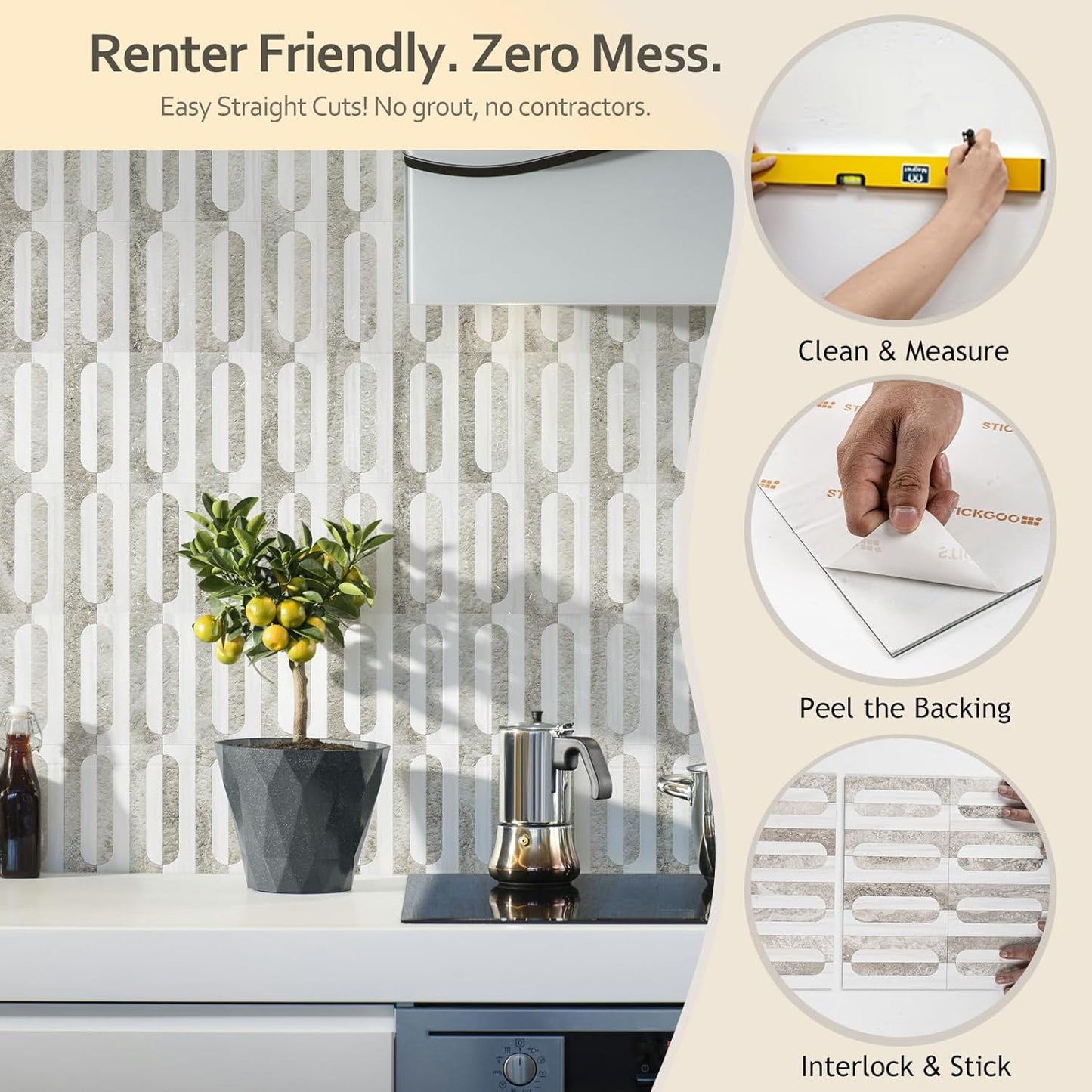 STICKGOO Peel and Stick Backsplash Tiles 12"x12", Waterproof Stick on Kitchen & Bathroom Backsplash, PVC Self Adhesive Wall Tiles for Fireplace, White/Marble Black (10 Sheets)