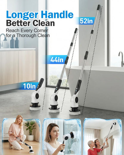 Electric Spin Scrubber, 3-Speed Shower Scrubber with Long Handle & 10 Replaceable Brush Heads, Cordless Full-Body IPX7 Waterproof Shower Cleaner Brush with 90 Mins Runtime for Bathroom