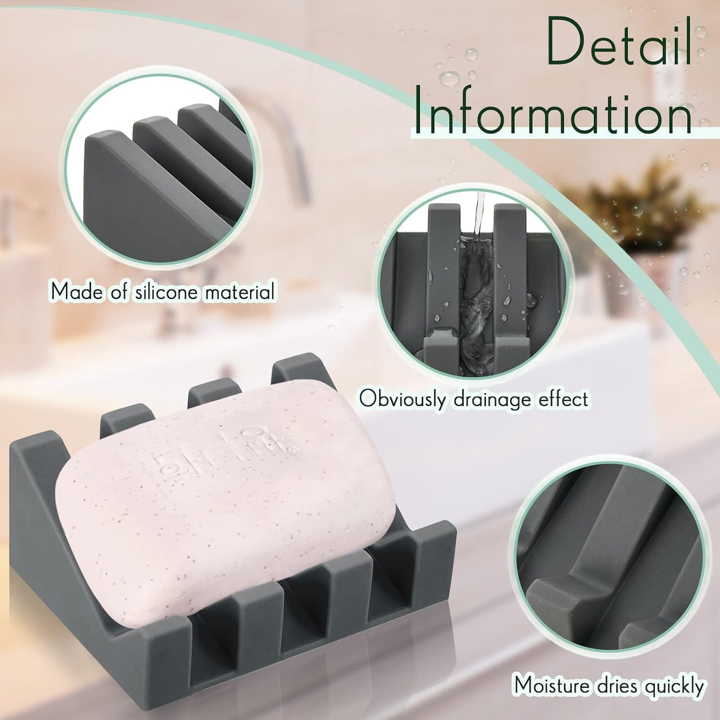 Cunhill 2 Pieces Silicone Soap Dish Self Draining Soap Dish Shower Waterfall Bar Soap Holder Tray with Drain Soap Saver for Kitchen Bathroom Accessories (Black)