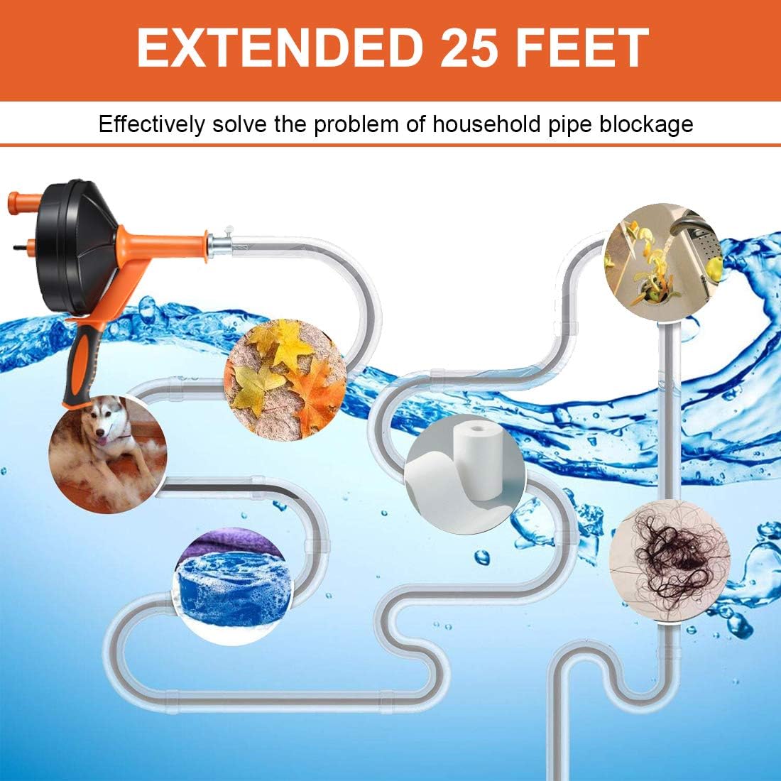 Drain Auger, Clog Remover with Drill Adapter, 25 Feet Flexible Plumbing Snake Use Manually or Powered for Kitchen, Bathroom and Shower Sink, Comes with Gloves (blue)