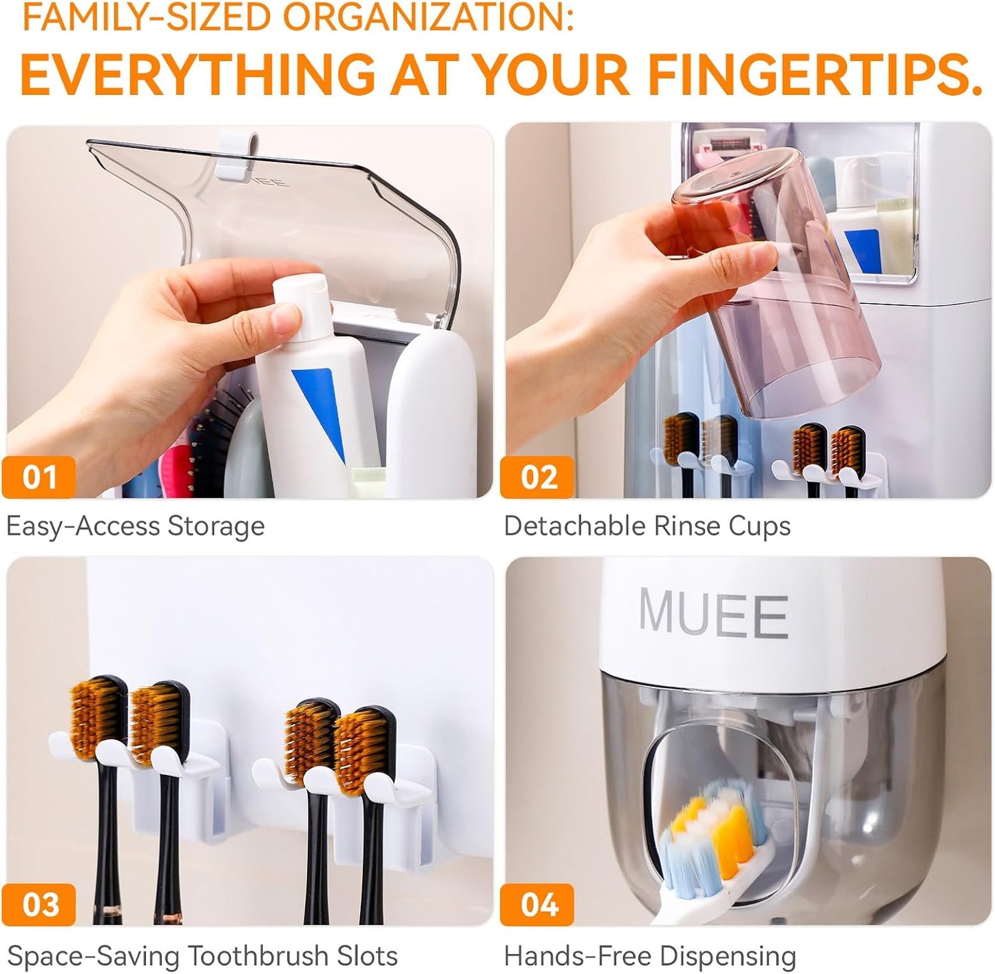 Toothbrush Holder Wall Mounted with Automatic Toothpaste Dispenser, Dustproof Flip Cover and Inverted Cup Slots, Multi-Functional No-Drill Bathroom Organizer for Family, Space Saver (3 Cups)