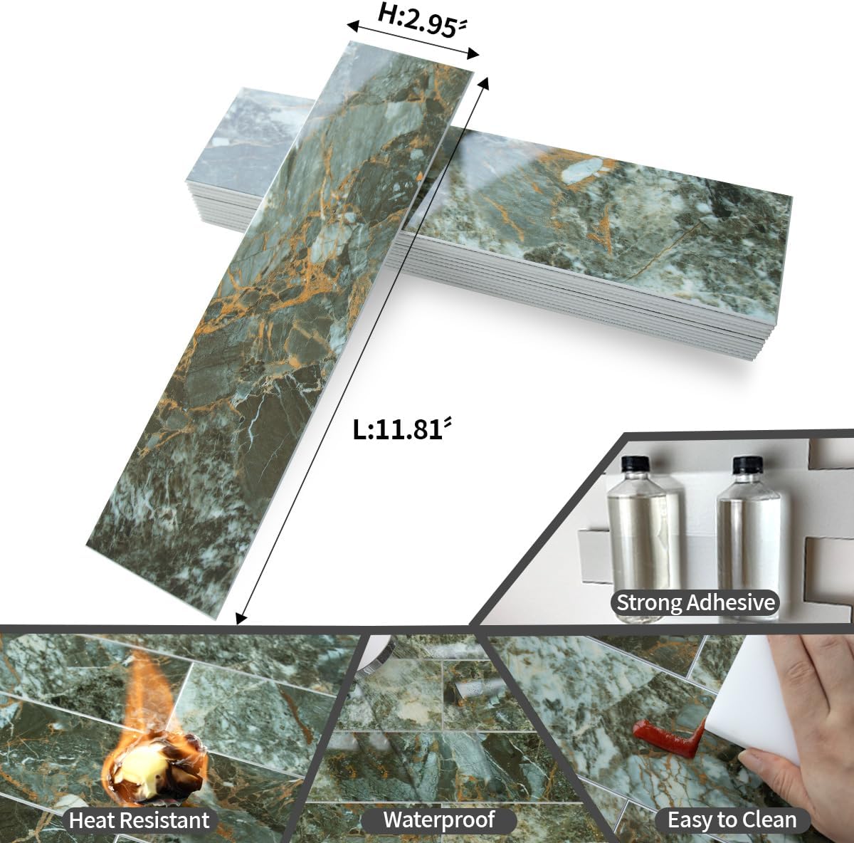 AULIGET 40-Piece Polished White Marble with Gold Peel and Stick Backsplash Wall Tiles, 3" x 12" PVC Faux Stone Stick on Tiles for Backsplash Kitchen, Bathroom, Laundry Room, Camper, Fireplace