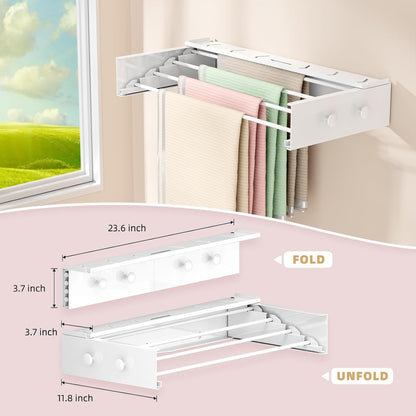 Wall Mounted Drying Rack 23.6'', Foldable Laundry Drying Rack Wall Mount with 4 Towel Hooks and 4 Rods, Space Saving Drying Rack Clothing for Indoor Outdoor Bathroom Balcony (White, 23.6'')
