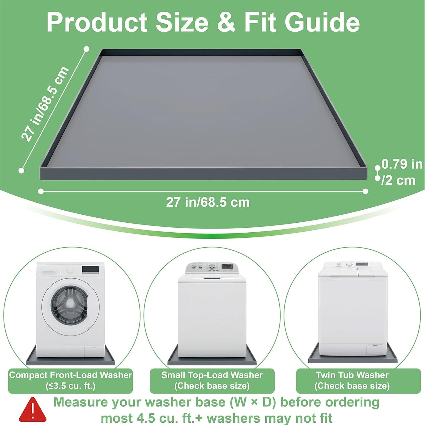 27 x 27 Inch Washing Machine Drain Pan, Silicone Washer Pan, Black | 2cm Raised Waterproof Edge, Washer and Dryer Mat for Floor Protection, Fits Compact Washers Up to 3.5 Cu.Ft.