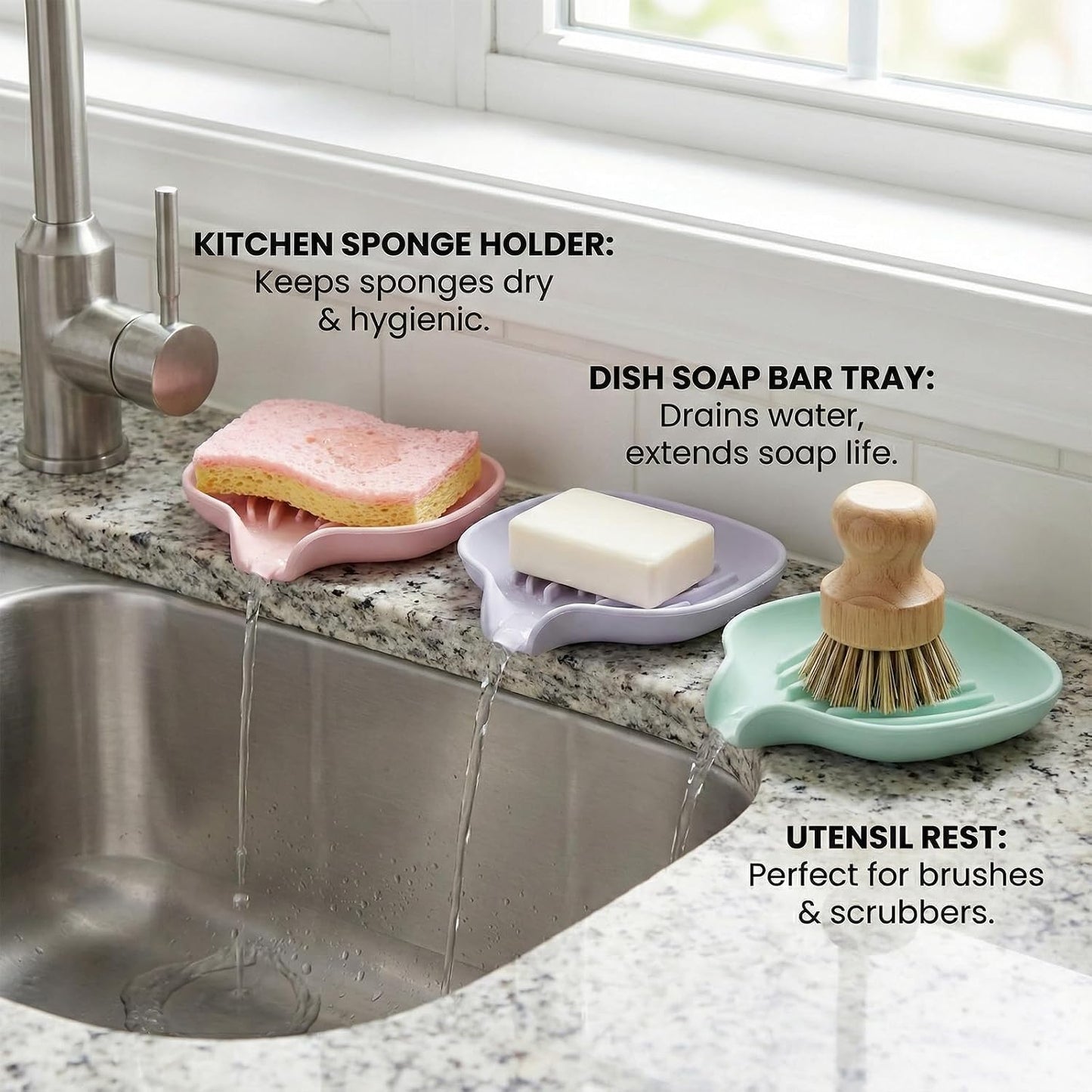 3 Pack Silicone Soap Dish with Drain, Self Draining Soap Trays, Bar Soaps Holder Saver Container with Drainage Waterfall for Bathroom Shower Kitchen Bathtub Organizer