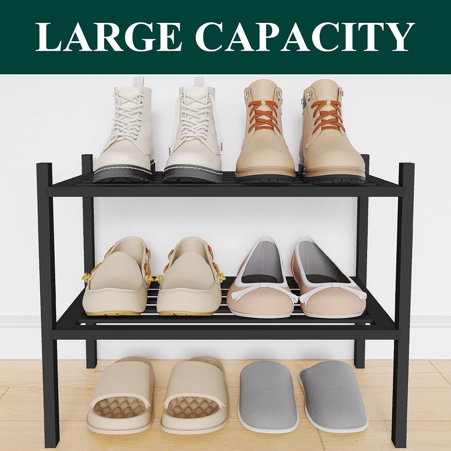 Smiry Bamboo Shoe Rack, 3 Tier Free Standing Wooden Shoe Organizer, Stackable Wood Shoe Storage Shelf for Closet, Entryway, 5 Horizontal Slats, 26.8"x11"x18.3", Natural