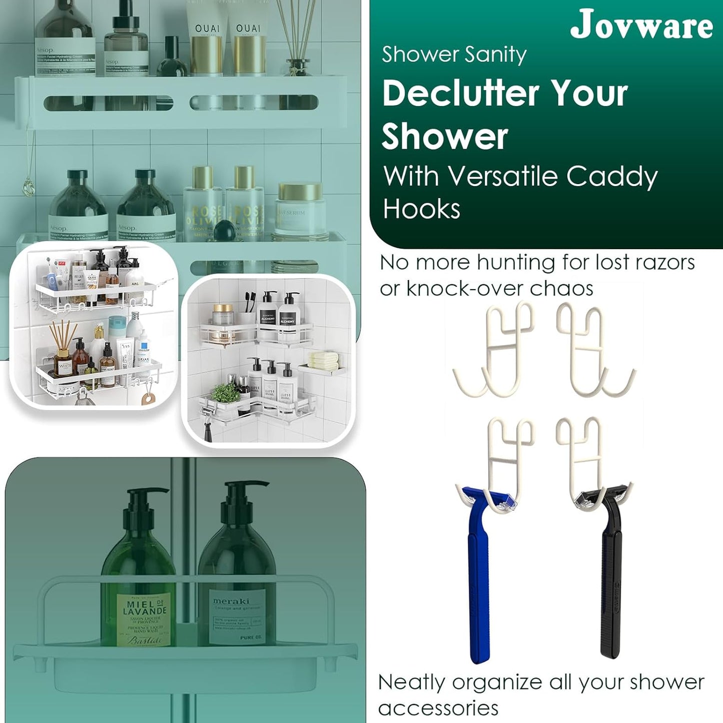 White Shower Caddy - 2 Pack Open Shelf Hooks for Loofah, Razor and More