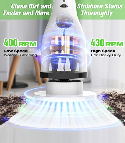 Electric Spin Scrubber, 3-Speed Flat End Brush with 8 Brush Heads & Base, Adjustable Long Handle, Digital Display, 2500mAh Fast Charging, for Bathroom, Tub, Tile, Floor（White