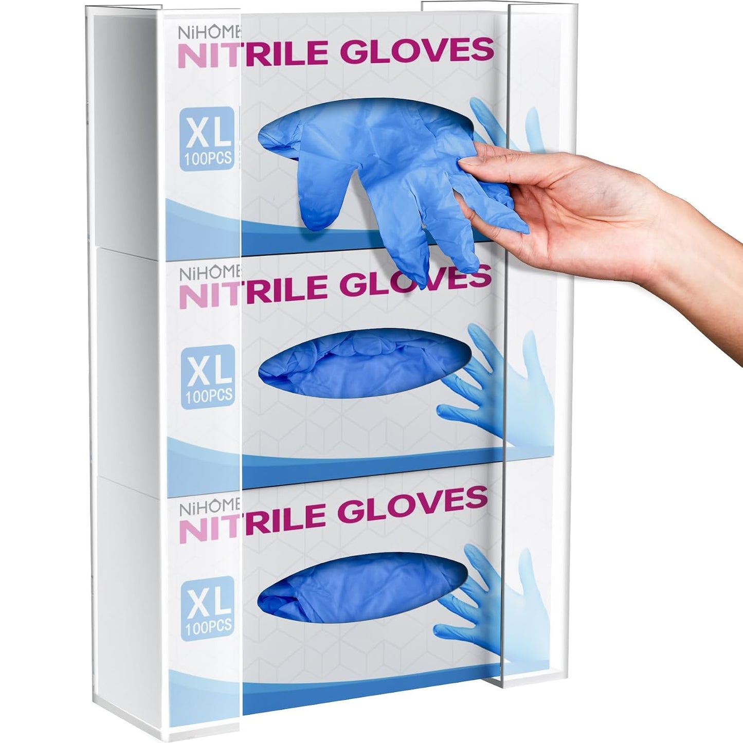 NiHome 2-Tier Clear Acrylic Glove & Tissue Box Holder Dispenser, Wall Mount | Space-Saving Glove Box Dispenser, Adjustable Organizer for Tissues, Baby Wipes, Adhesive or Screw Mount for Kitchen, Bathroom