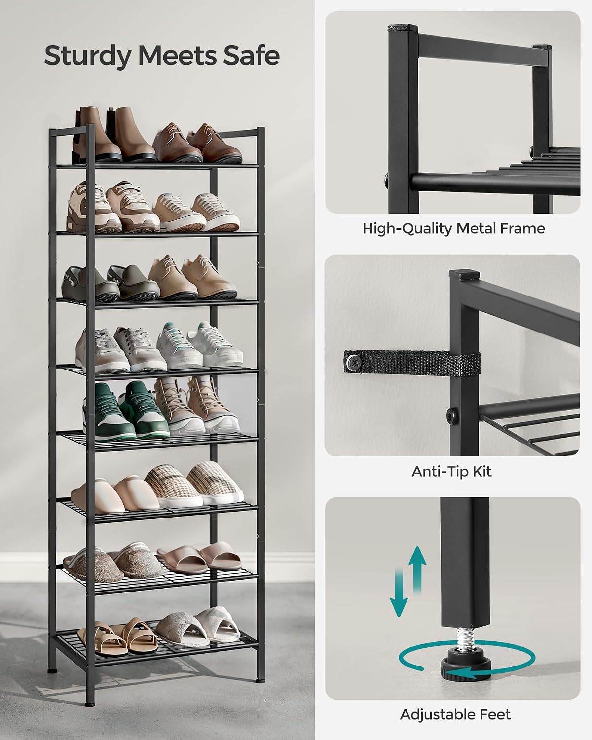SONGMICS Metal Shoe Rack, Free Standing Shoe Organizer for Entryway Closet Garage Small Spaces, Heavy-Duty Slim Steel Storage Shelf, 8-Tier, Fits 16-24 Pairs, Bronze ULMR028A01