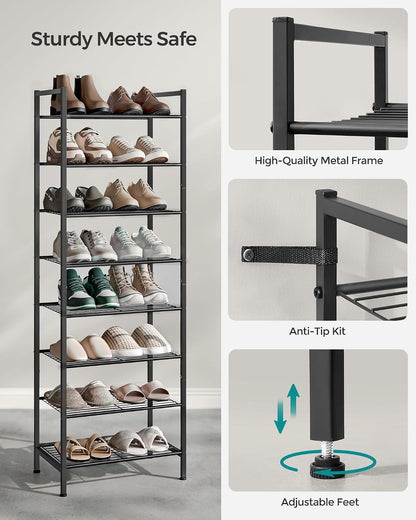 SONGMICS Metal Shoe Rack, Free Standing Shoe Organizer for Entryway Closet Garage Small Spaces, Heavy-Duty Slim Steel Storage Shelf, 8-Tier, Fits 16-24 Pairs, Bronze ULMR028A01