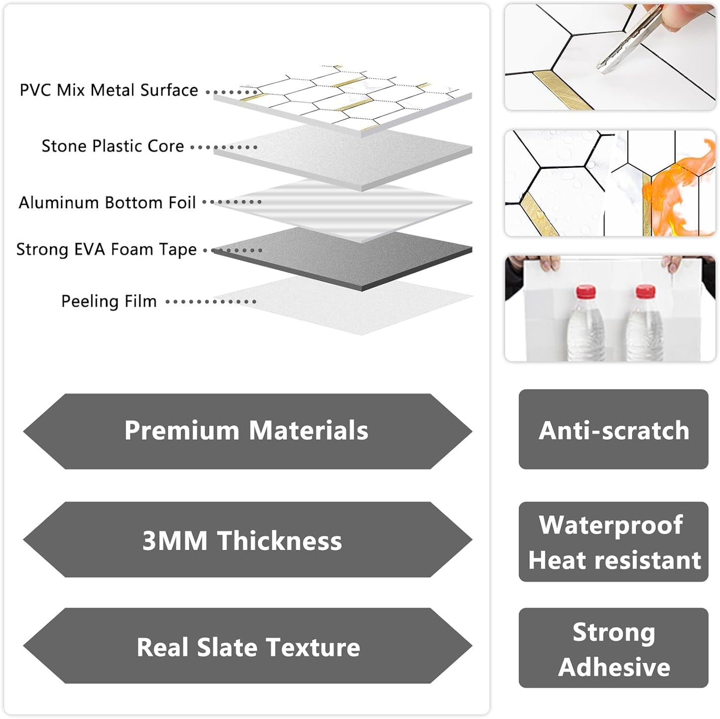 Vamos Tile Long Hexagon Peel and Stick Backsplash Tile - 10 Sheets Stick on Backsplash for Kitchen and Bathroom 12.4 x 12 Inch Glossy Wood Grain PVC Self Adhesive Mosaic Wall Tiles