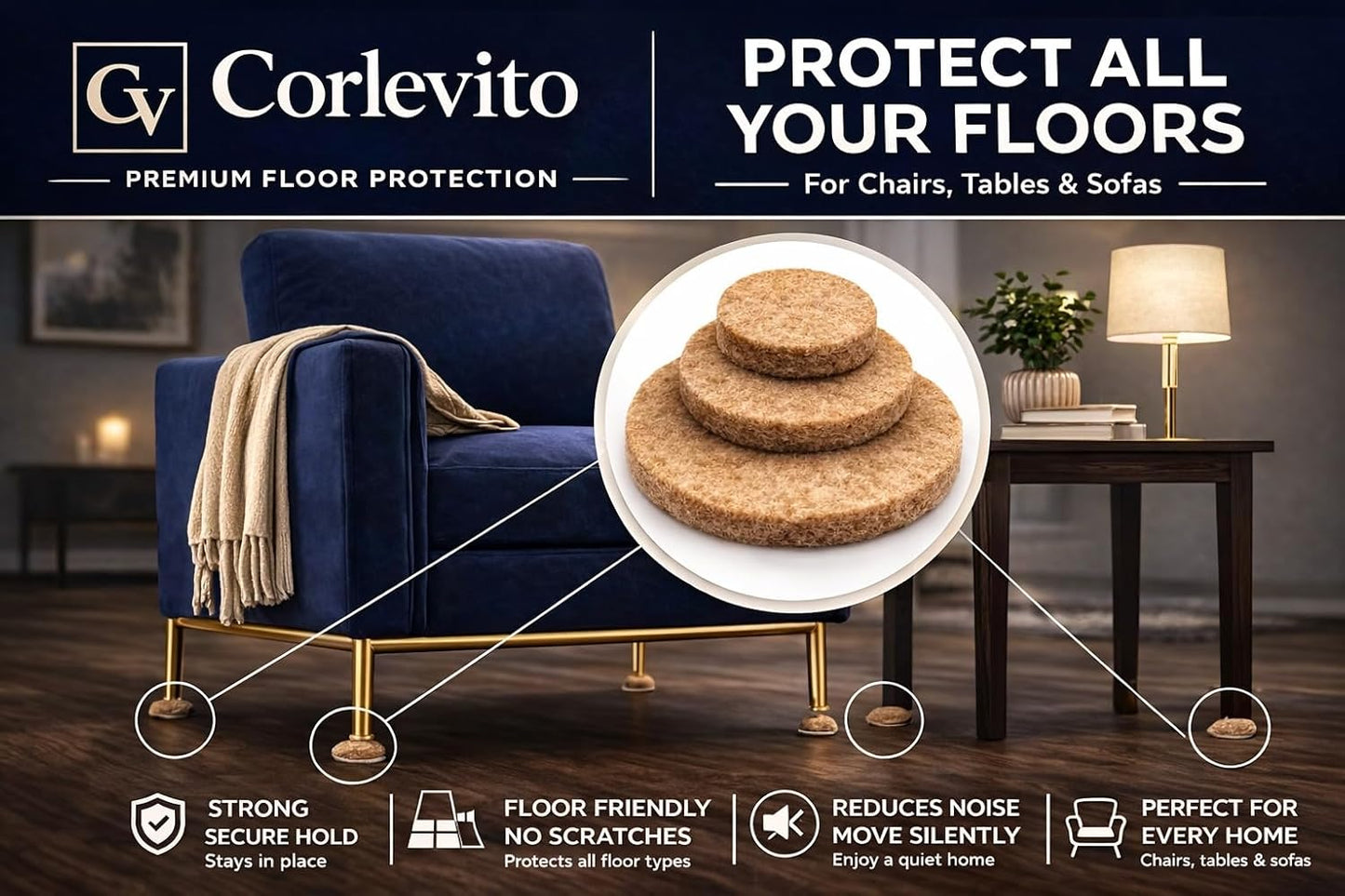 Felt Furniture Pads Corlevito 66 PCS (0.9") – Chair Leg Floor Protectors for Hardwood Floors, Strong Adhesive Anti Scratch Felt Pads for Furniture,Noise Reducing Furniture Pads (Brown)