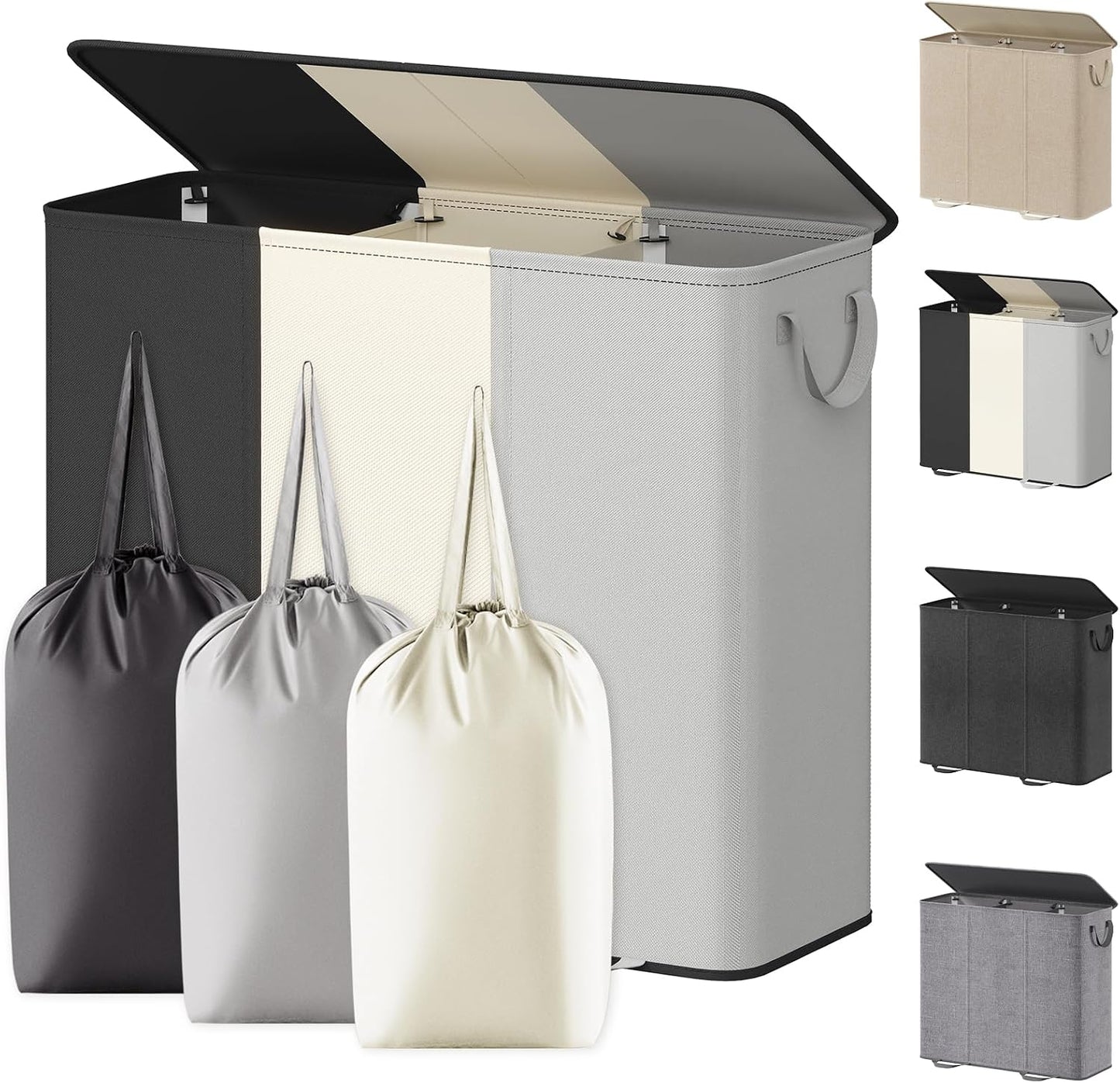Lifewit Double Laundry Hamper with Lid and Removable Laundry Bags, Large Collapsible 2 Dividers Dirty Clothes Basket with Handles for Bedroom Laundry Room Closet Bathroom College, 136L Beige