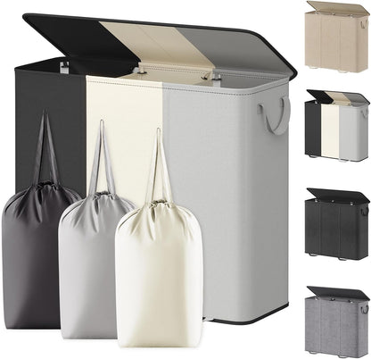 Lifewit Double Laundry Hamper with Lid and Removable Laundry Bags, Large Collapsible 2 Dividers Dirty Clothes Basket with Handles for Bedroom Laundry Room Closet Bathroom College, 136L Beige