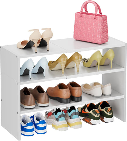 X-cosrack 2 Pack 2-Tier Shoe Rack Organizer for Closet, Expandable and Adjustable White Shoe Rack, Stackable Iron Wood Combination Shoe Storage Shelves for Closets, Entryway, Small Space, Garage