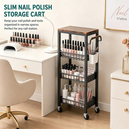DTUQYX Slim Bathroom Storage Cart, 4 Tier Small Rolling Organizer Cabinet with Wood Top Handle, Mobile Shelving Unit Slide Out for Office, Kitchen, Laundry Room & Narrow Places (9.1" W Metal Basket)