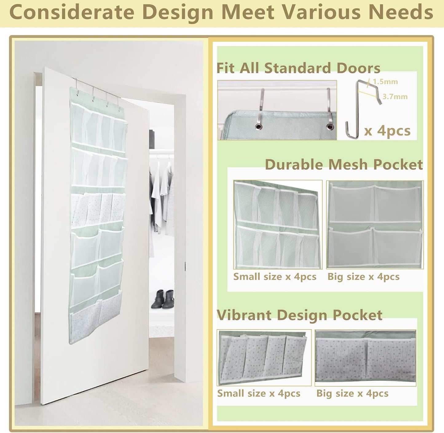 2 Pack- 12 Pocket Over Door Hanging Storage Organizer with 4 Kinds Pouch,Back of Closet Hanging Shelf Storage Organization for Sock,Hat,Underwear,Behind Door Caddy in Bedroom,Bathroom,Entrance,Dorm,RV