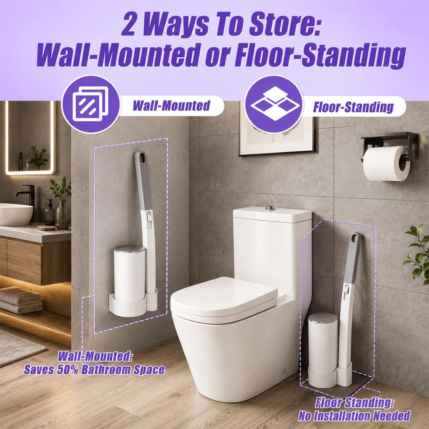 2-Pack Disposable Toilet Bowl Cleaner Wand and Holder with 48 Refills, Wall Mounted Toilet Brush Disposable System, Long Handle Toilet Cleaner Kit with Silicone Hooks & Gloves for Bathroom Cleaning