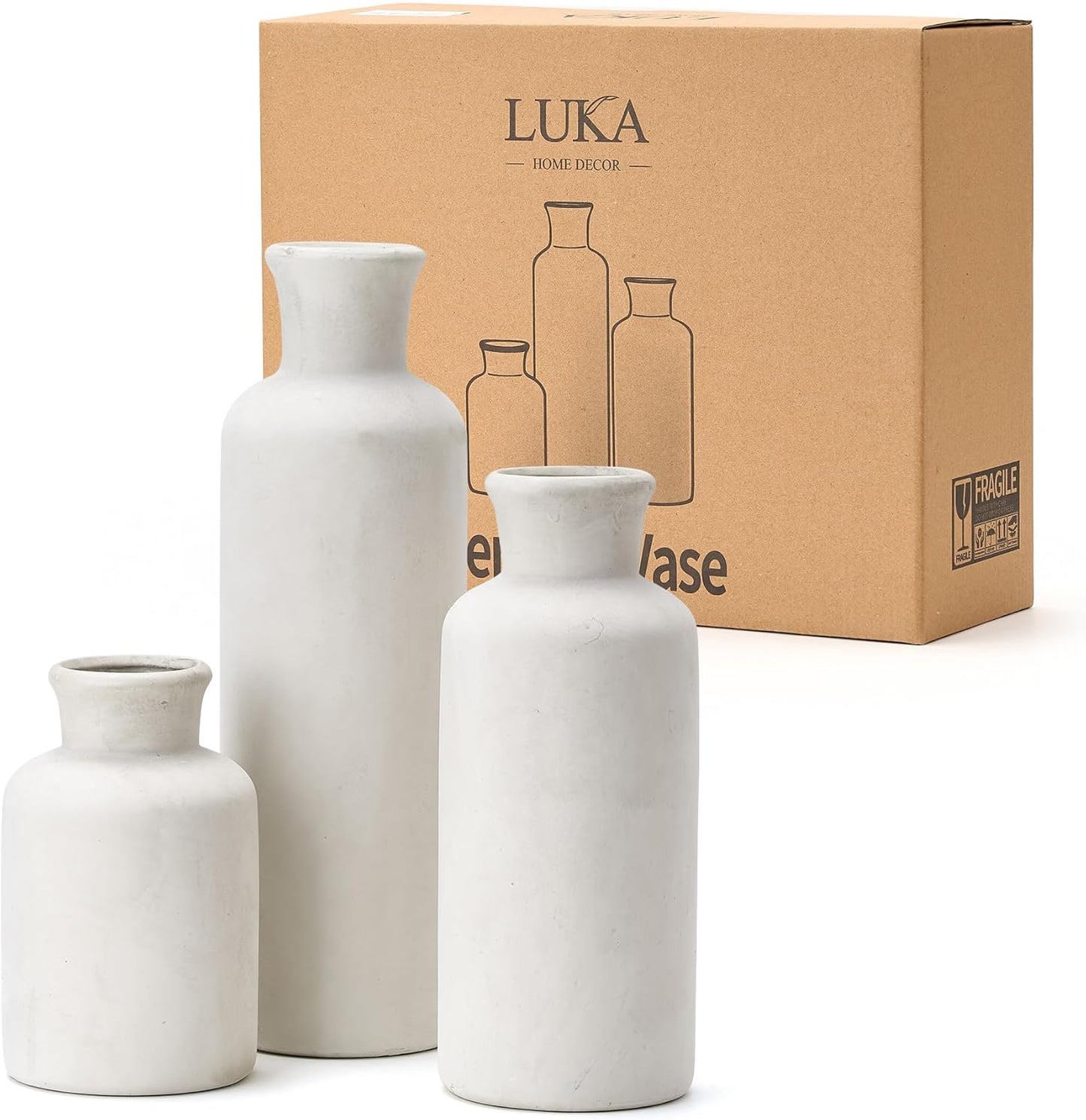 LUKA Ceramic Rustic Farmhouse Vase,Terracotta Vases for Decor,Vase Set of 3,Vases for Your Bedroom,Office,Living Room,Fireplace,Bookshelf Decor,Housewarming 10+7.5+5 Inch