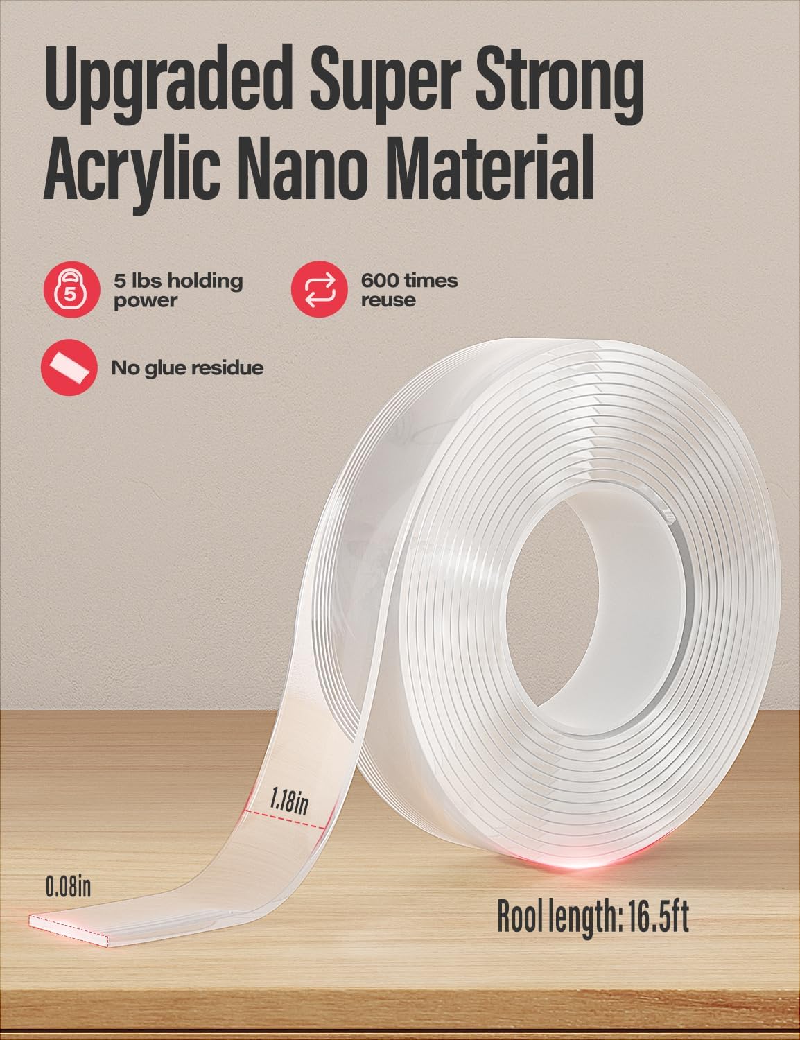Double Sided Tape Heavy Duty Traceless Removable Washable Nano Gel Grip Tape, Clear Sticky Adhesive Mounting Tape for Home/Office/Car Decor/Wall Decor, Fix Carpet Mats