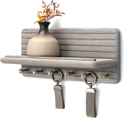 Rebee Vision Farmhouse Key Holder Wall Mount for Home Decor – Decorative Pine Wooden Key Holder for Wall with 6 Hooks & Floating Shelf - Rustic Charm for Room Decor Aesthetic (Brown)