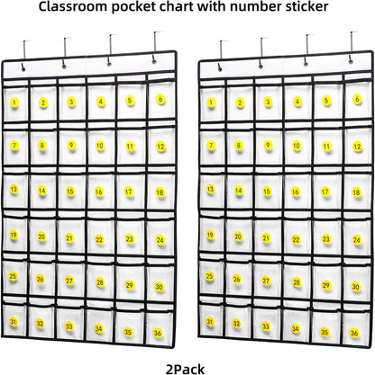 SAVERHO 36 Clear Pockets Classroom Pocket Chart for Cell Phone and Calculator Holder, Door Hanging Pocket Chart for Classroom Phone Holder with Number Sticker and Hooks (Blue)
