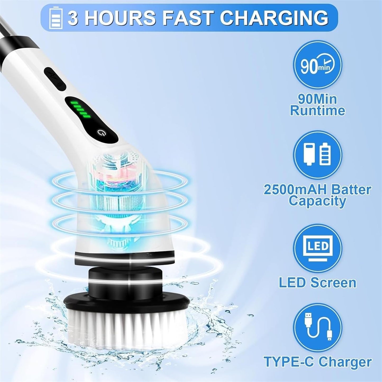 ikaufen Spin Scrubber for Cleaning Bathroom, Cordless Cleaning Brush, 9 Replacement Head, Shower Cleaning Brush with Extension Arm for Bathroom, Tub, Tile, Floor