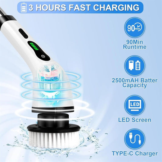 ikaufen Spin Scrubber for Cleaning Bathroom, Cordless Cleaning Brush, 9 Replacement Head, Shower Cleaning Brush with Extension Arm for Bathroom, Tub, Tile, Floor