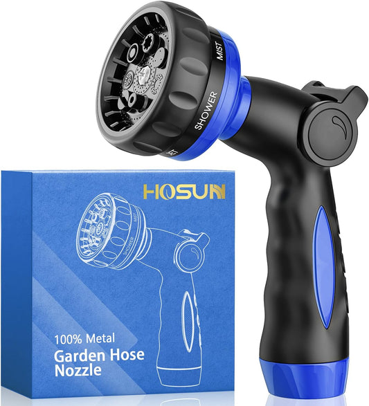 HOSUN Heavy Duty Garden Hose Nozzle, Adjustable Metal Water Sprayer with 7 Spray Patterns, Leak-Proof Thumb Control, High Pressure Hose End for Lawn Watering, Car Wash, Pet Cleaning, Blue
