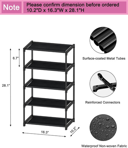 Autonomier 5-Tier Extra Small Shoe Rack (16.3" Wide), Narrow Space-Saving Organizer for Small Spaces, Non-Woven Fabric Lightweight Shoe Shelves, for Closet, Front Door, Entryway, Kids/Toddler/Adults