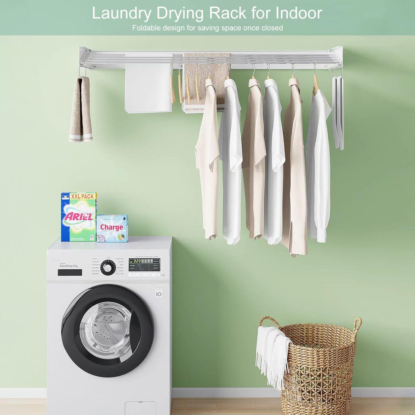 Wall Mounted Laundry Rack, Collapsible Clothes & Towel Drying Rack for Indoor & Outdoor, 40' W x 16.5 L Ft, 60 lb Capacity, White
