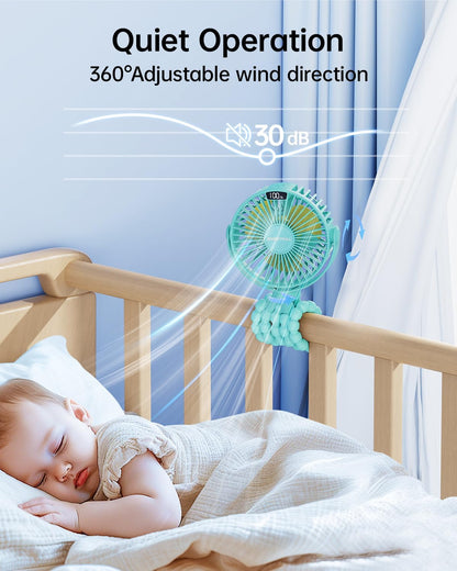 SWEETFULL [2026 Upgrade Portable Stroller Fan with LED Display, 4 Speed Rechargeable Mini Clip On Fan, 360° Rotate Flexible Tripod Better Cooling Small Baby Fan for Car Seat Crib Travel Treadmill