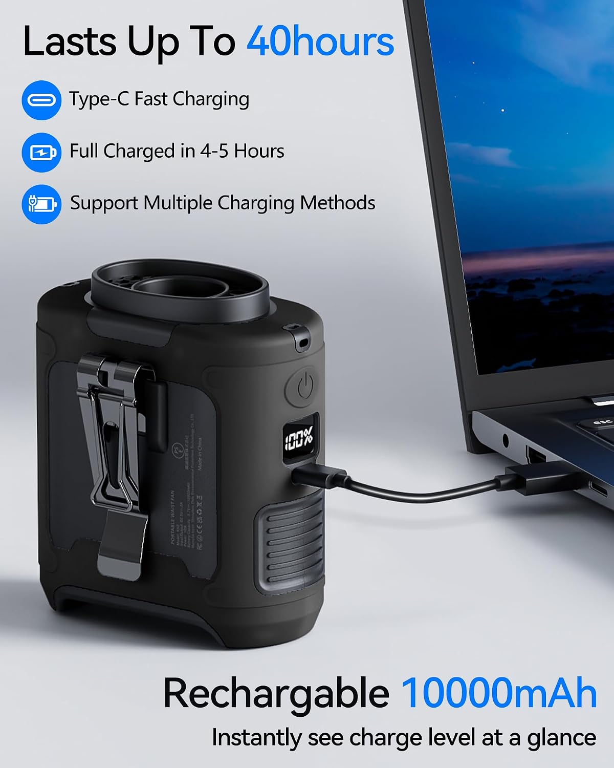 Portable Waist Fan 10000mAh Clip on Fan Belt Personal Fan with Rechargeable Battery operated, Flashlight & 5 Speeds Neck Hands-Free 40H Cooling for Summer/Outdoor/Camping/Travel（Grey）
